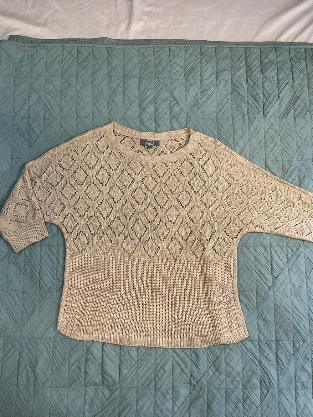 Marled Cream Openwork Diamond Knit Crewneck Sweater